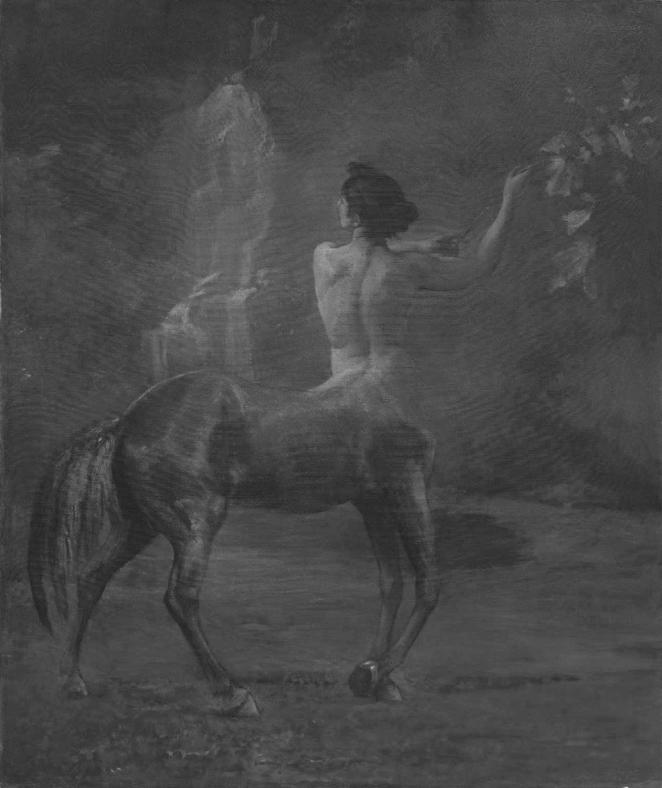 A cropped, grayscale edit of the painting Centauress by John La Farge.